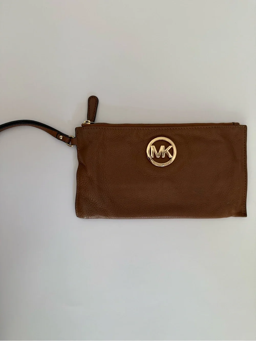 Michael Kors Chestnut Brown Leather Wristlet with Gold MK Logo